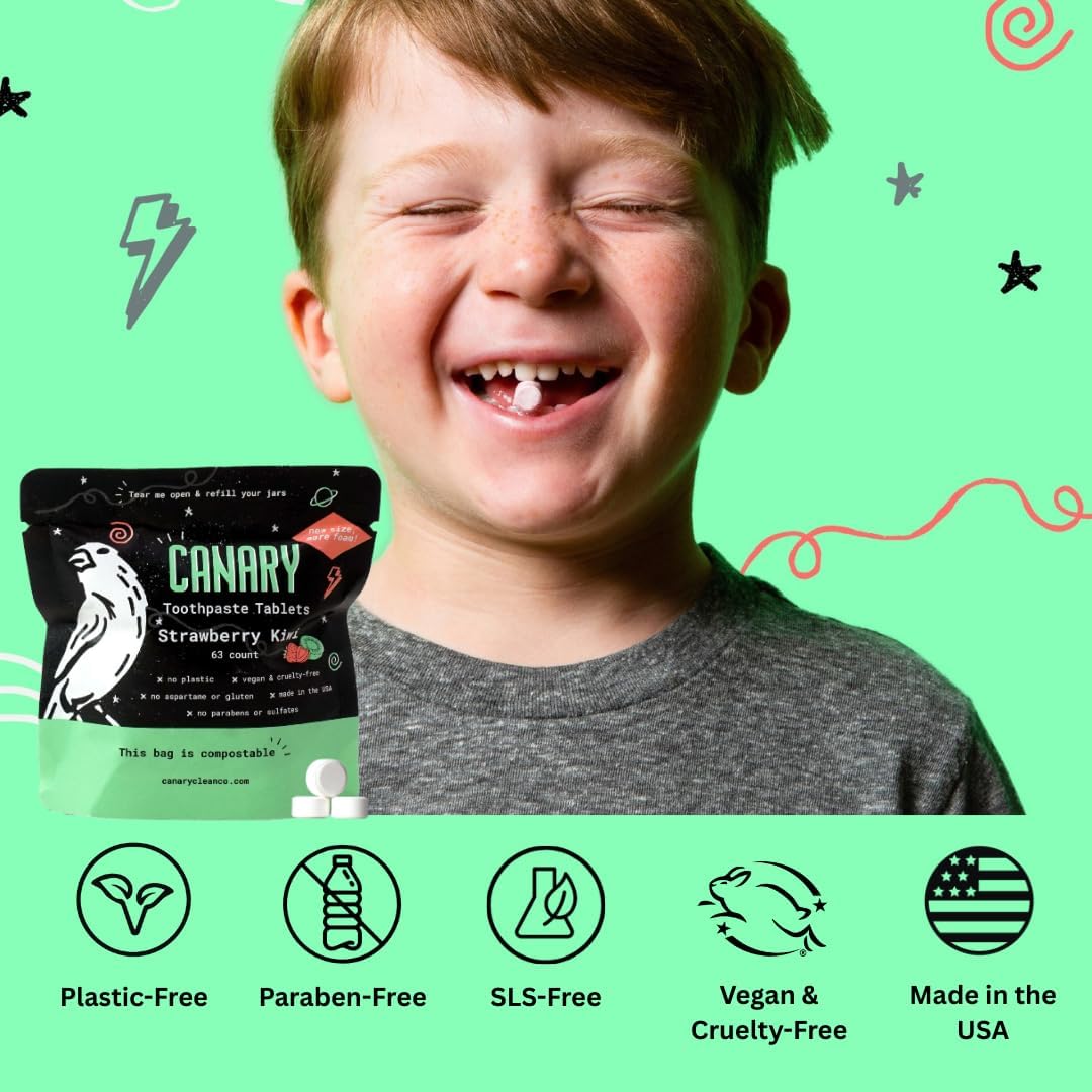 Canary Nano Hydroxyapatite Toothpaste Tablets Strawberry Kiwi - Remineralizing, Fluoride Free, All Natural Tabs with Xylitol - Great for Kids, Plastic Free - 189 Count