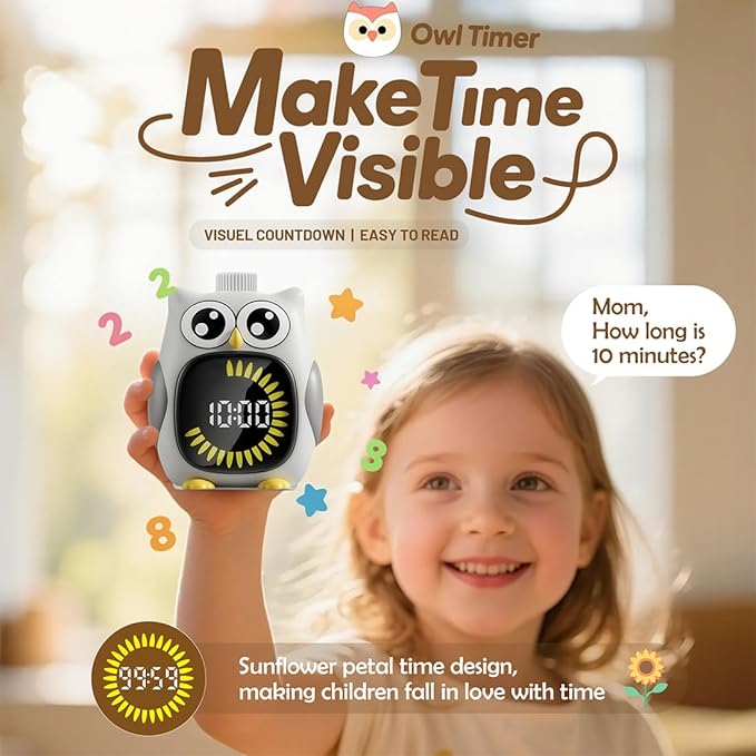 Grey Big-Eyed Owl Visual Timer for Kids,Classroom Timer, Time Out Timer,Up to 99Minutes Small Visual Timer,for Yoga,for Kitchen