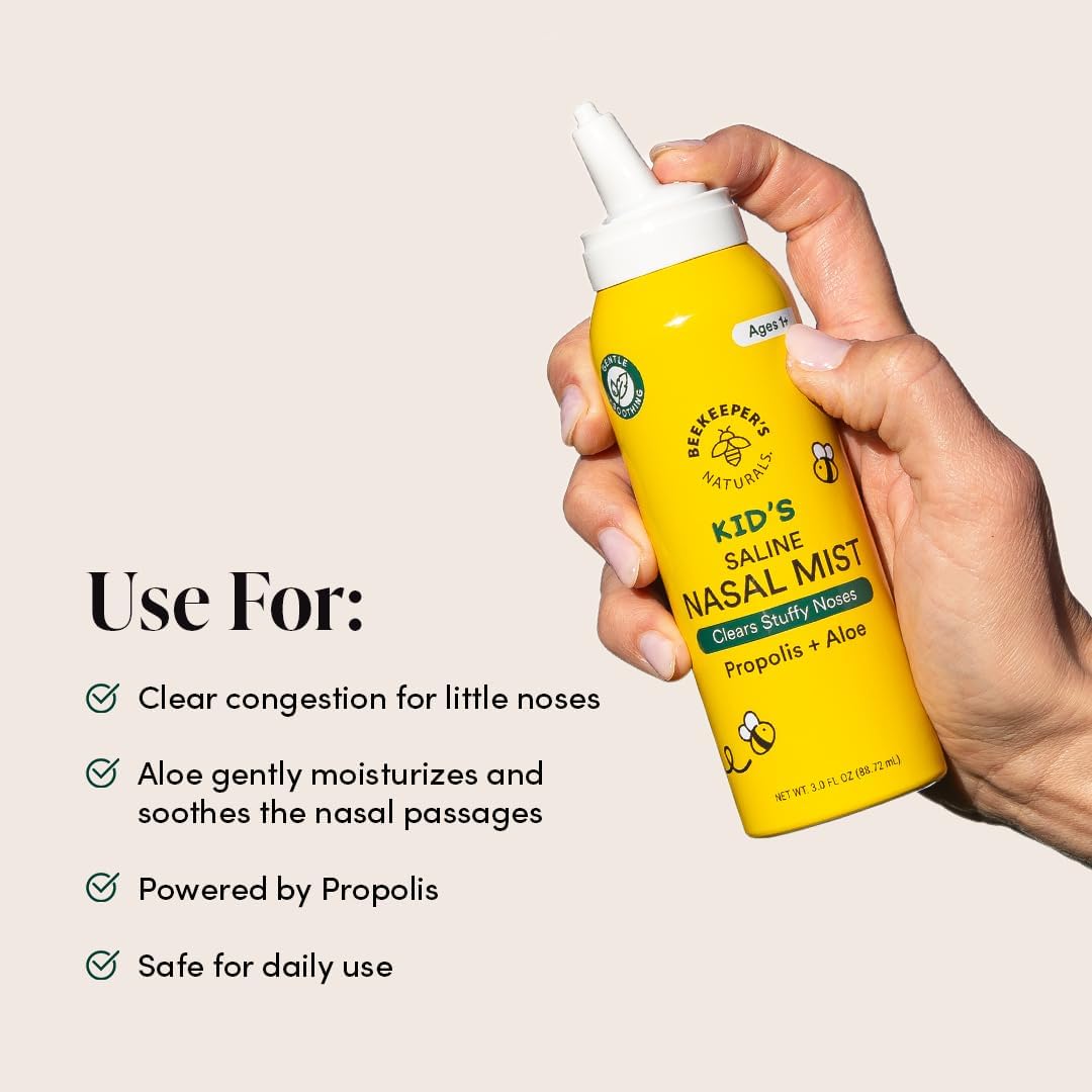 Kids' Saline Nasal Mist by Beekeeper's Naturals, Clears Stuff Noses, Nasal Spray for Kids 1+ w/ Saline, Aloe & Propolis, 3 fl oz