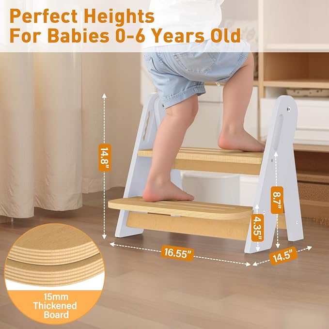 Toddler Step Stool, Wooden Height-Adjustable 2 Step Stool for Kids, 2 in 1 Potty Training Stool with Safety Handles Non-Slip Pads for Bathroom Sink, Kitchen, Bedroom (White, Foldable)