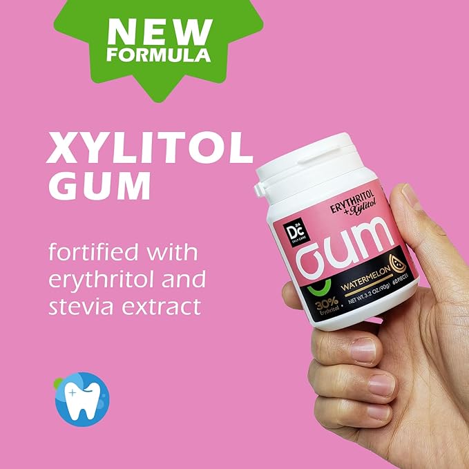 DC24 DAILY CARE Xylitol Chewing Gum with Erythritol, Aspartame Free & Sugar Free Gum for Dry Mouth, Low-Calorie, Sugarless, Watermelon, 60-Piece Pack, 4 Packs