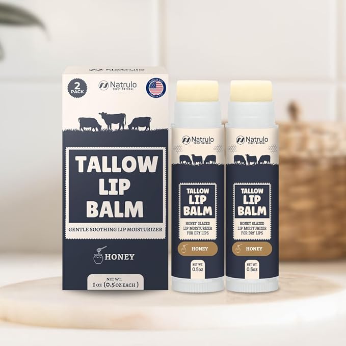 Beef Tallow Lip Balm – Natural Tallow Beeswax Chapstick – Hydrating Moisturizer Grass Fed Bison Tallow Balm Lip Care – Soothes Chapped Dry Lips, Sensitive Skin – Long Lasting Vitamin Rich USA-Made 2Pk