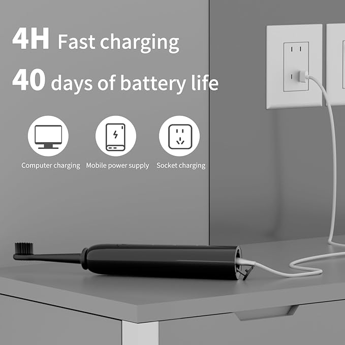 Rooman Oscillation&Vibration Sonic Electric Toothbrush for Adults, with 5 Brush Heads for Travel & Teeth Care, 20000 VPM, 3 Cleaning Modes, 2-Minute Timer, IPX7 Waterproof (Black)