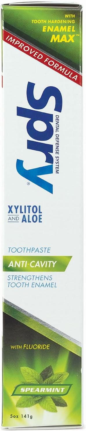 Spry Natural Xylitol Toothpaste 5oz for Adults and Kids with Fluoride, Gentle for Sensitive Teeth Whitening and Remineralizing, Breath Freshening, Mouth Moisturizing, Spearmint (Pack of 1)