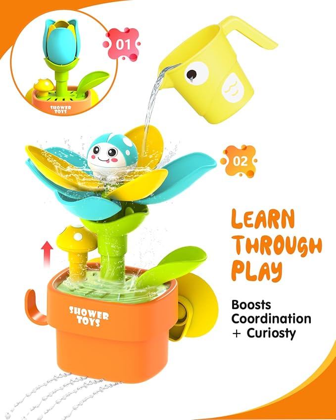 Bath Toys for Kids Ages 1-3: Flower Set with Watering Cup, Toddler Interactive Bath Toys with Strong Suction Cup, Attach to Any Tub or Shower Fun for Bath Time - Great for Boys, Girls Shower Gifts