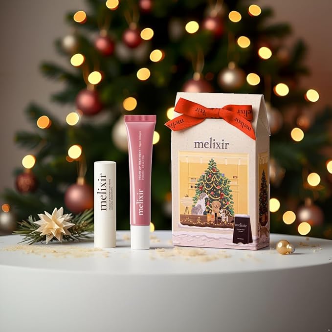 Melixir Vegan Lip Care Duo, Holiday Gift Set for Women, Christmas Stocking Stuffers, Hydrating Tinted Chapstick & Lip Gloss, Collagen & Shea Butter for Dry Lips, Trendy Lip Balm Kit for Teen Girls