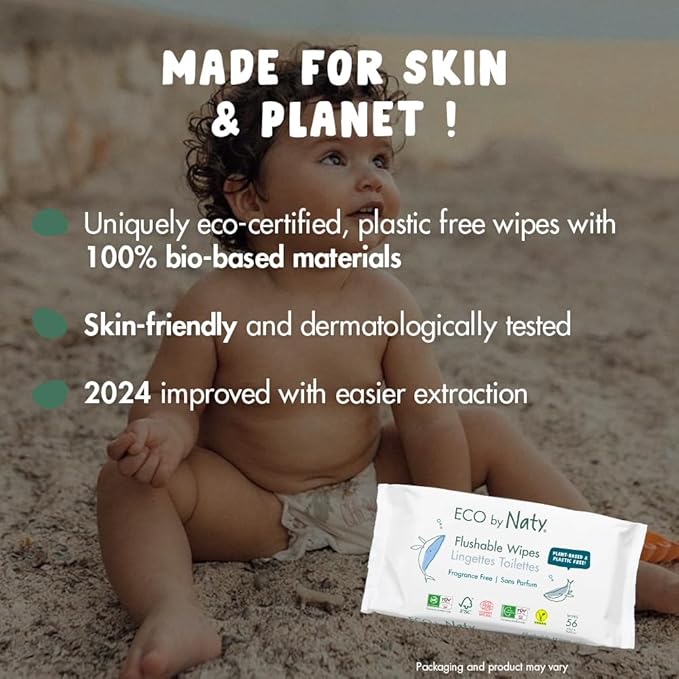 Eco by Naty Flushable Baby Wipes - Compostable and Plant-Based Wipes, Chemical-Free and Hypoallergenic Baby Wipes Safe for Baby Sensitive Skin, 56 Wipes Per Pack (12 Pk)
