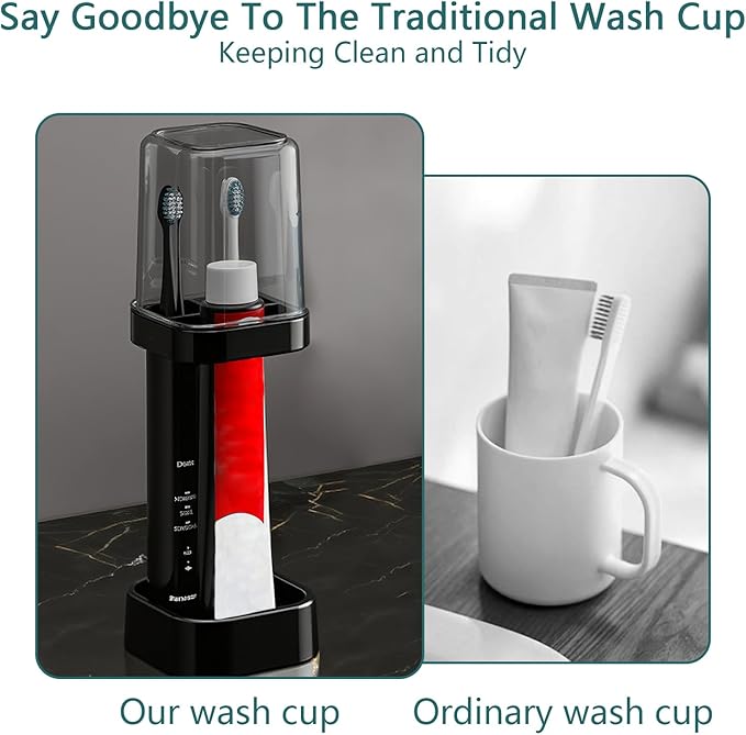 Toothbrush Holder with Cup/Cover, 3 Slots Toothpaste Holder Stand for Bathroom Countertop Plastic Storage Organizer for Toothbrushes, Electric Toothbrushes (Black)