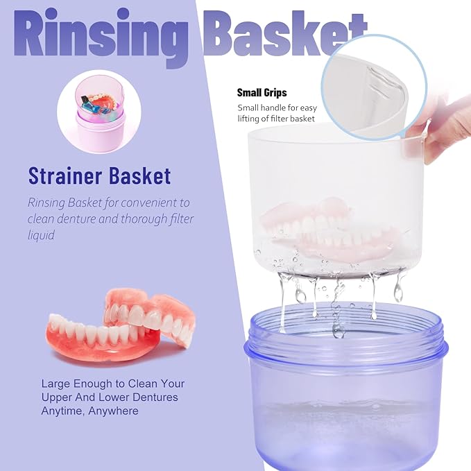 Leak Proof Travel Denture Bath Case for Full Dentures, Denture Cups for Soaking Dentures, Denture Container Cups with Brush for Dentures, Aligner, Retainers, Mouth Guard (Blue)