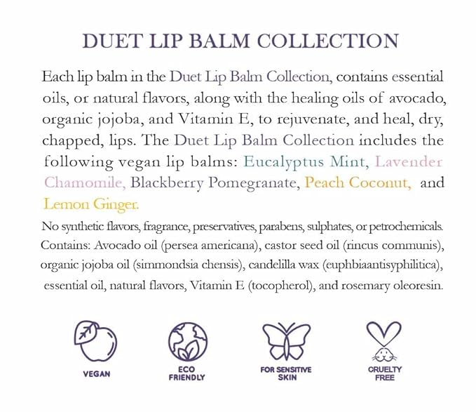 Duet Lip Balm Collection, Vegan Set, Beeswax Free, with Organic Jojoba, and Avocado Oil, Vitamin E, Natural Moisturizer for Dry, Chapped Lips, 5 Tube Set