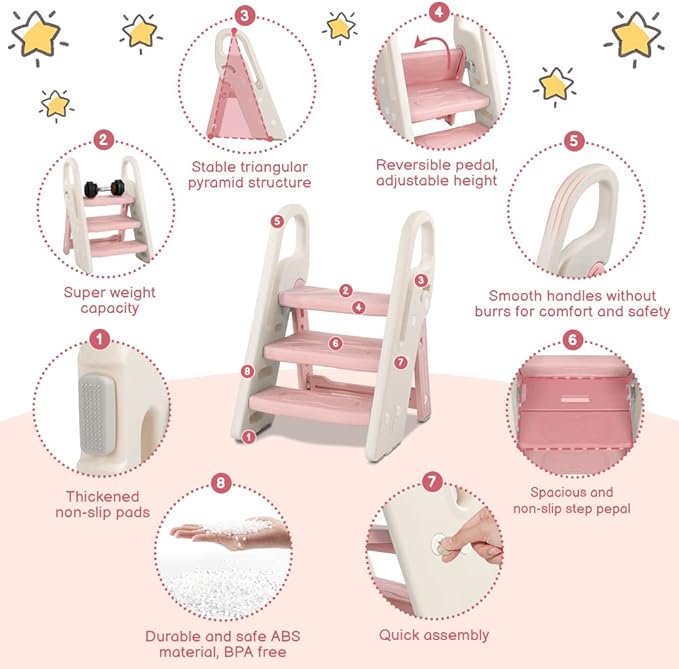 Onasti Foldable Toddler Step Stool for Bathroom Sink, Adjustable 3 Step Stool for Kids Toilet Potty Training Stool with Handles, Child Kitchen Counter Stool Helper, Plastic Ladder for Toddlers Pink