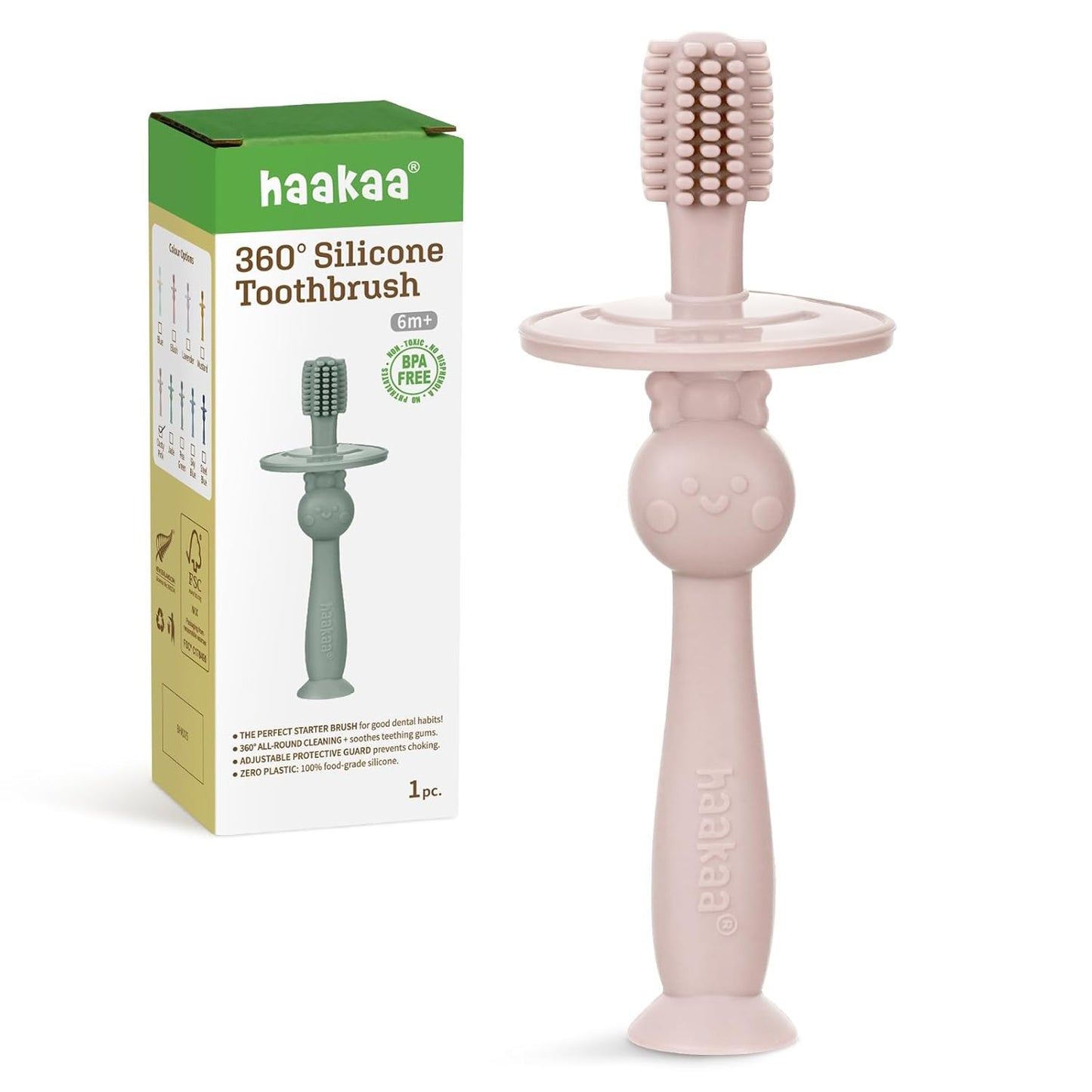 haakaa 360° Baby Toothbrush with Suction Base - Gentle Cleaning for Toddler's Self-Brushing Training, Food-Grade Silicone, Adjustable Safety Shield - Dusty Pink (1 Piece)