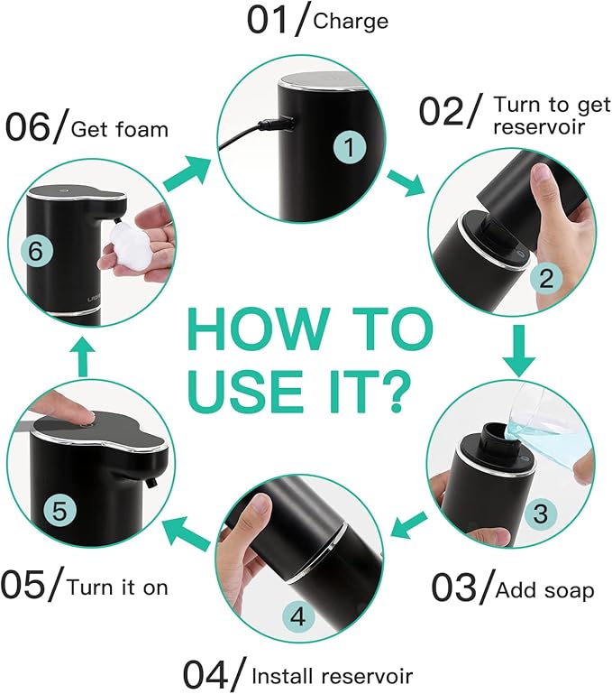 LAOPAO Automatic Foaming Hand Soap Dispenser Touchless Foam Soap Dispenser Rechargeable Bathroom Countertop Soap Pump for Kids Xmas Gift 300ml-BLACK