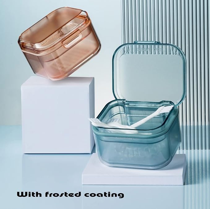 MURRI&MURRDI Retainer Case, Denture Bath Box with Strainer Basket, Mouth Guard Case, Braces Cleaner Cup, Cute Denture Cleaning Holder for Travel Retainer Storage Soak Container (B Blue)