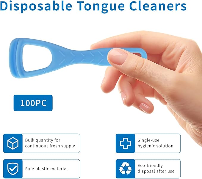 Tongue Cleaner, Tongue Scraper, Disposable, Plastic Scraper, Clean Tongue, Promote Fresh Breath, Includes Safe Fold- Back Tooth Pick, 100 Count