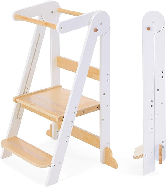 HARPPA Nordi Foldable Toddler Kitchen Tower, Montessori Kitchen Stools Helper, Standing Tower with 3 Adjustable Heights, Suitable Age for 2-6 Years, White