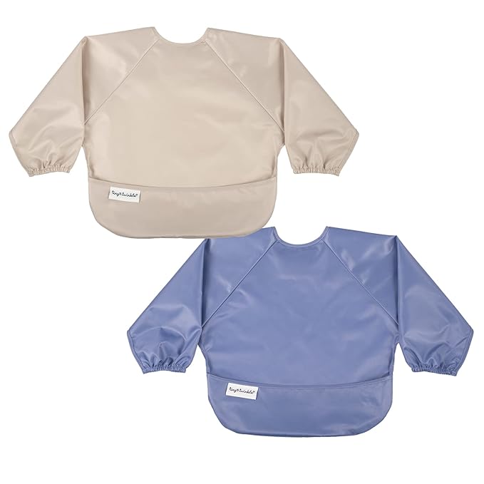 Tiny Twinkle Long Sleeve Bib for Babies & Toddlers – 2 Pack Waterproof Smock Bibs for Eating – Machine Washable & Mess-Proof, Baby Feeding Essential & Shower Must-Have (Periwinkle Putty,2-4Y)