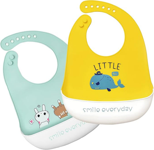 Silicone Bibs for Babies and Toddlers 2 Sets Feeding Bibs for Boy and Girl, Adjustable Soft Waterproof Bibs