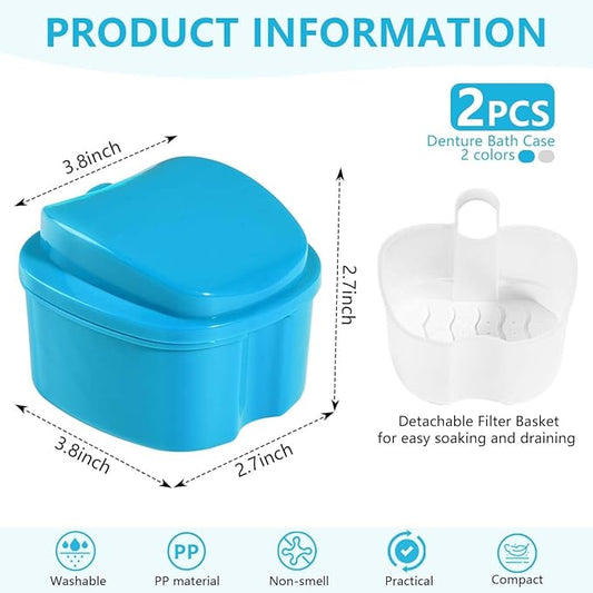 2 Pack Colors Denture Bath Case Cup Box Holder Storage Soak Container with Strainer Basket for Travel Cleaning (White and Light Blue)