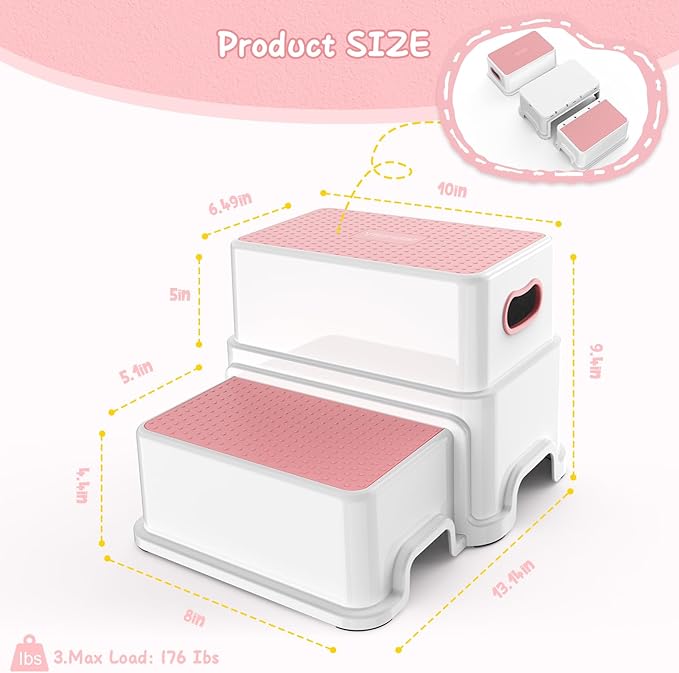 Victostar 2 Step Stool for Kids, Anti-Slip Sturdy Toddler Two Step Stool for Toilet Potty Training, Bathroom,Kitchen (Pink)