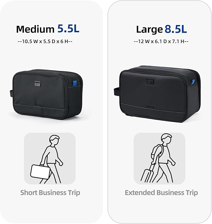 ZEEMO Travel Toiletry Bag for Men, Medium Water-Resistant Double-Sided Full-Open Dopp Kit, Versatile Organizer for Shower and Hygiene Accessories, Bathroom Essentials, Cosmetics, Large, Black