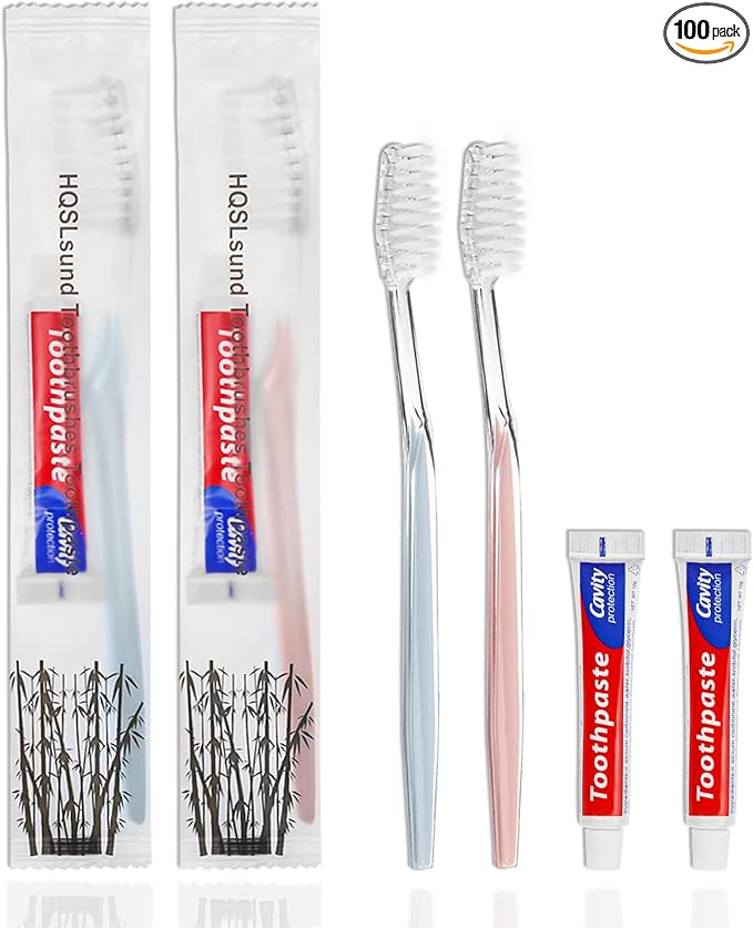 100 pcs Disposable Toothbrushes with Toothpaste, 2 Color Toothbrushes and Toothpaste 10g, Bulk for Homeless, Airbnb, Hotel