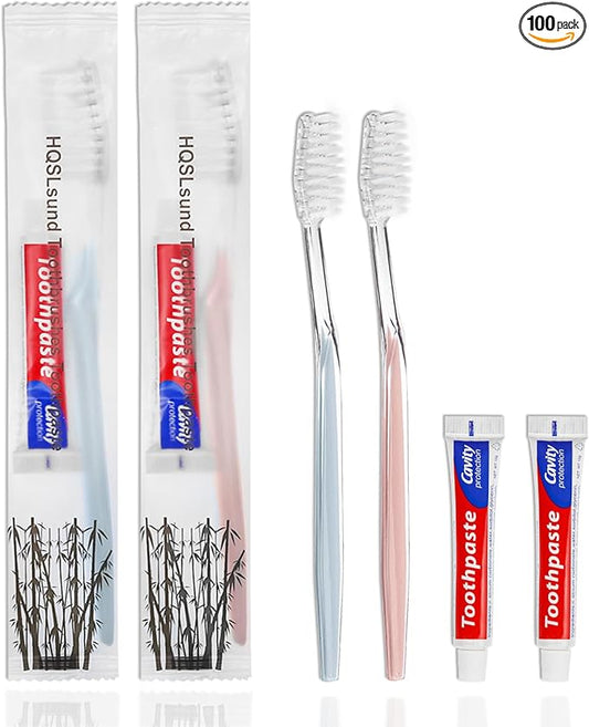 100 pcs Disposable Toothbrushes with Toothpaste, 2 Color Toothbrushes and Toothpaste 10g, Bulk for Homeless, Airbnb, Hotel