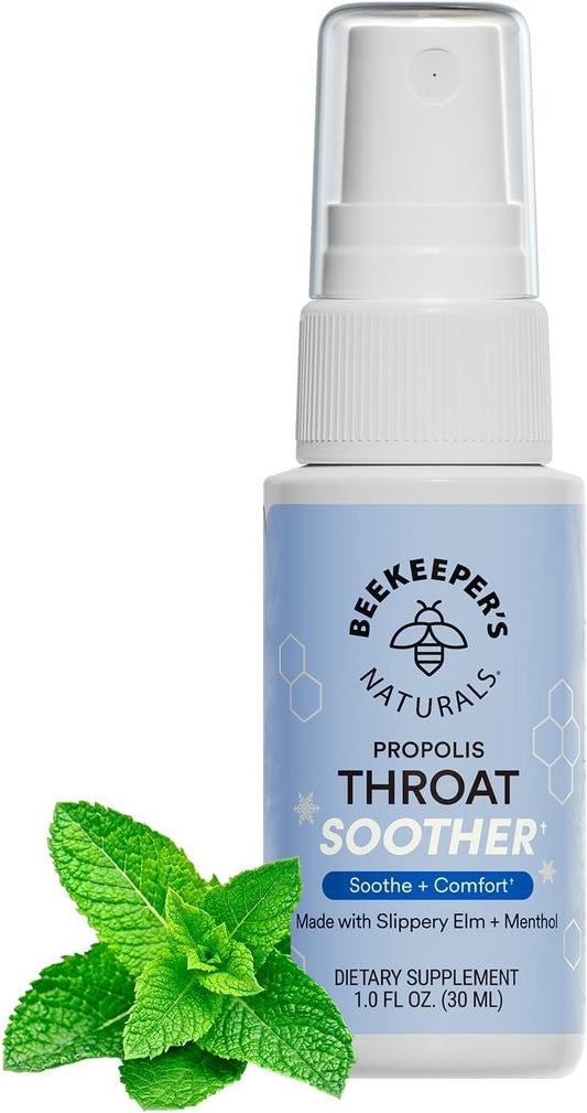 Propolis Throat Soother by Beekeeper's Naturals – Maximum Throat Relief w/ Menthol, Slippery Elm, Bee Propolis Extract – Fast-acting & Cooling Comfort (1.0 oz)(Pack of 1)