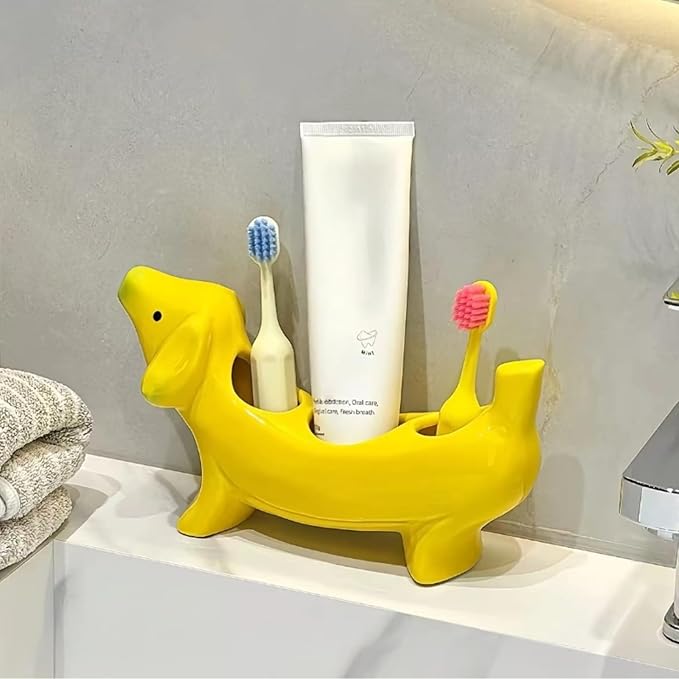 Creative Banana Dog Toothbrush Holder, Ceramic Bathroom Organizer with Toothbrush Stand, Whimsical Countertop Accessories for Bathroom, Novelty Home Decor