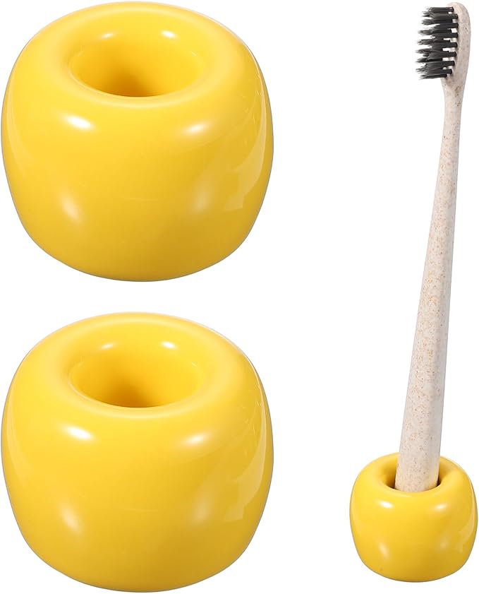 uxcell 2 Pcs Mini Ceramics Toothbrush Holder Stands, Sleek Mini Countertop Toothbrush Round Shape Ceramic Holder Stand for Bathroom Vanity Countertops, Yellow