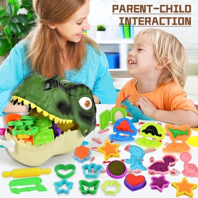 Dinosaur Toys Kids Dough Playset, 55PCS Dino Toys Kit with Molds & Clay, Make Dinosaurs or Create Your Own Models, Storage Case with Light & Sound, Gift for Boys & Girls Ages 3-8