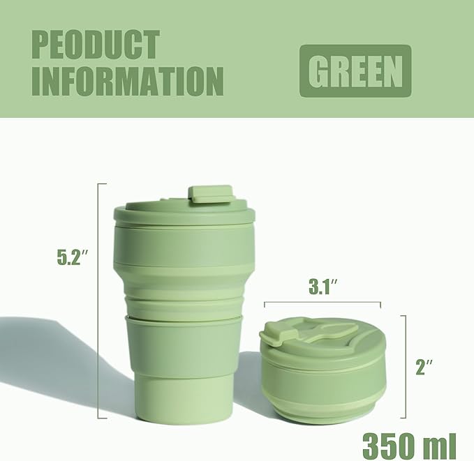 Collapsible Cup for Traveling, 12Oz Collapsible Silicone Travel Cup for Hot and Cold Drinks, Leak Proof Reusable Folding Travel Coffee Mug for Camping & Hiking, Green