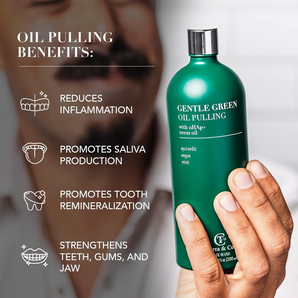 Terra & Co. Gentle Green Oil Pulling and Tongue Scraper | with Hydroxyapatite for Strong Enamel, Healthy Gums | Reduce Bad Breath
