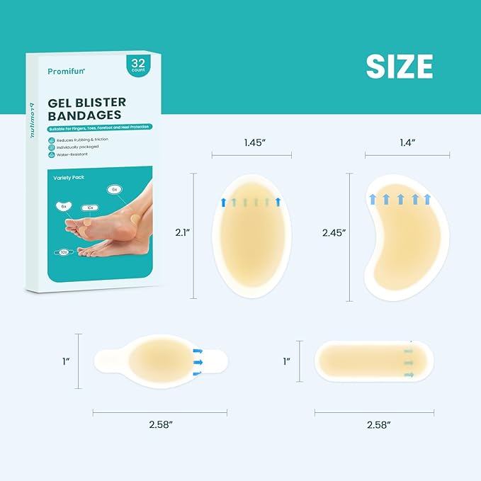 Hydrocolloid Gel Blister Bandages Pads - (Variety Pack) Promifun 32ct Waterproof Adhesive Blisters Bandages - Blister Pads for Heel, Foot, Toe, Feet - Gel Blister Chshions for Prevention & Recovery