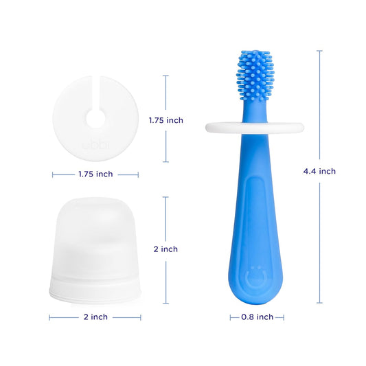 Ubbi 360° Baby Training Toothbrush with Safety Shield and Cover, Food-Grade Platinum Silicone, Gentle Cleaning for Infants, Polaris Blue