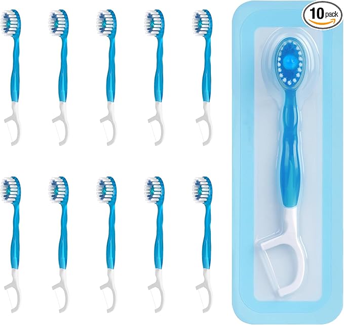 Disposable Mini Travel Toothbrushes, 5-in-1 Pre-Pasted Mini-Brush+Floss+Pick+Tongue Scraper, Prepasted On The Go Toothbrush for Travel, Portable Toothbrush with Freshening Bead, Coolmint, 10 Count