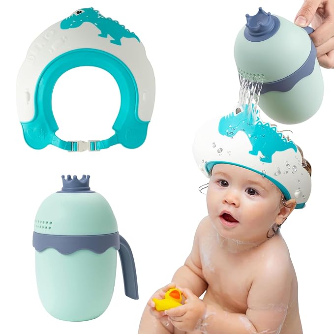 FUNUPUP Baby Shower Cap for Kids with Bath Rinse Cup, Adjustable Toddler Hair Washing Shield Hat Baby Bath Visor Shampoo Hat for Toddlers 6M-9T（Dinosaur Blue)