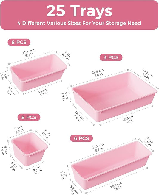 25 PCS Plastic Drawer Organizers Set, 4-Sizes Vanity and Makeup Organizer, Desk and bathroom Drawer Organizer Trays, Organizers and Storage for Makeup, Jewelry, Gadgets, Utensils (Pink)