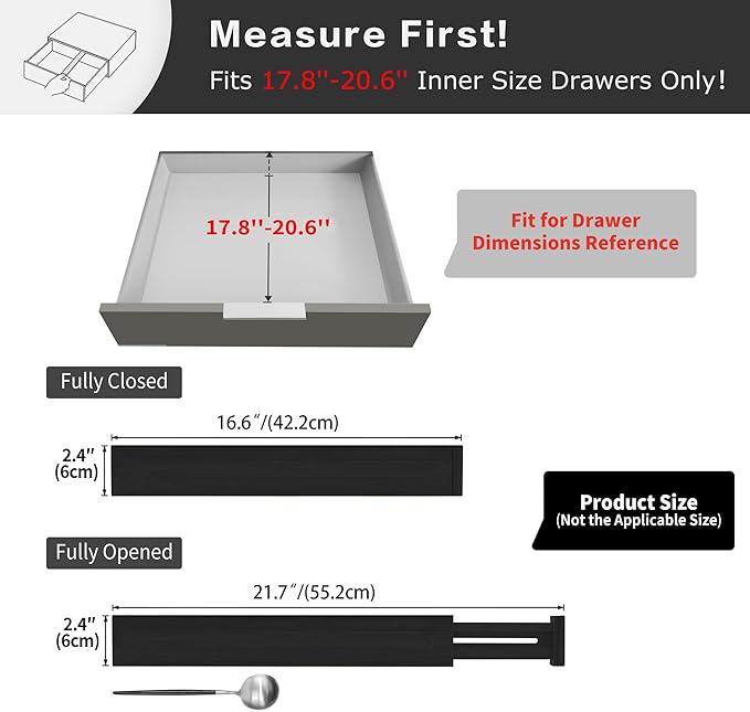 Utoplike 4 pcs Bamboo Kitchen Drawer Dividers Large, Adjustable Black Drawer Organizers, Spring Loaded, Works in Kitchen, Dresser, Bathroom, Bedroom, Drawer, Desk, 2.4" H