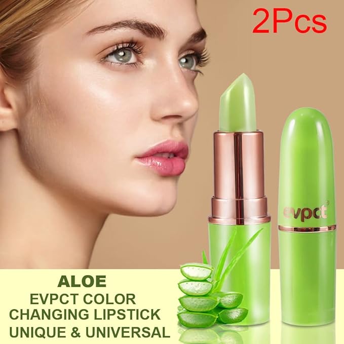 2Pcs Aloe Vera Lip Color Changing Lipstick Lip Balm Set, Green Magic PH Lipstick Color Change Changing Crystal Flower Jelly Lipstick Tinted Lip Balm Gloss Stain Makeup Set for Women Girls Waterproof