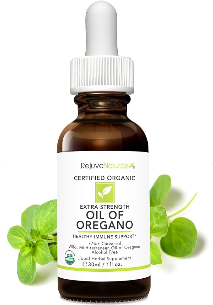 RejuveNaturals Extra Strength Oil of Oregano, USDA Organic, 1 fl oz (30ml Liquid) Wild, Mediterranean Oregano Oil. Concentrated Immune Support Drops. Gluten Free, Vegan & Non-GMO. Min 77% Carvacrol