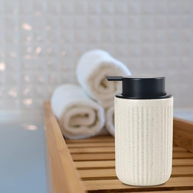 BosilunLife Beige Soap Dispenser Set - 2 Pack 12oz Ceramic Dish Soap Dispenser with Rust Proof Pump for Kitchen, Hand Soap and Lotion Set Suitable for Farmhouse Bathroom Decor