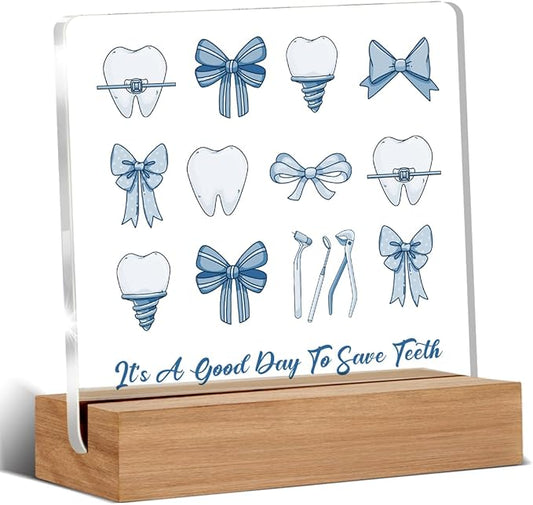 Dental Hygienist Gifts, Dentist Gift for Women, Dental Assistant Accessories Acrylic Plaque Gifts, Blue Bow Coquette Dentist Office Desk Decor