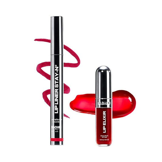 Sacheu Lip Liner STAY-N & Lip Elixir Bundle — Long Lasting Matte Lip Tattoo, Transfer Proof Lipstain Infused with Hyaluronic Acid & Vitamin E, for All Skin Types — RED-Y OR NOT