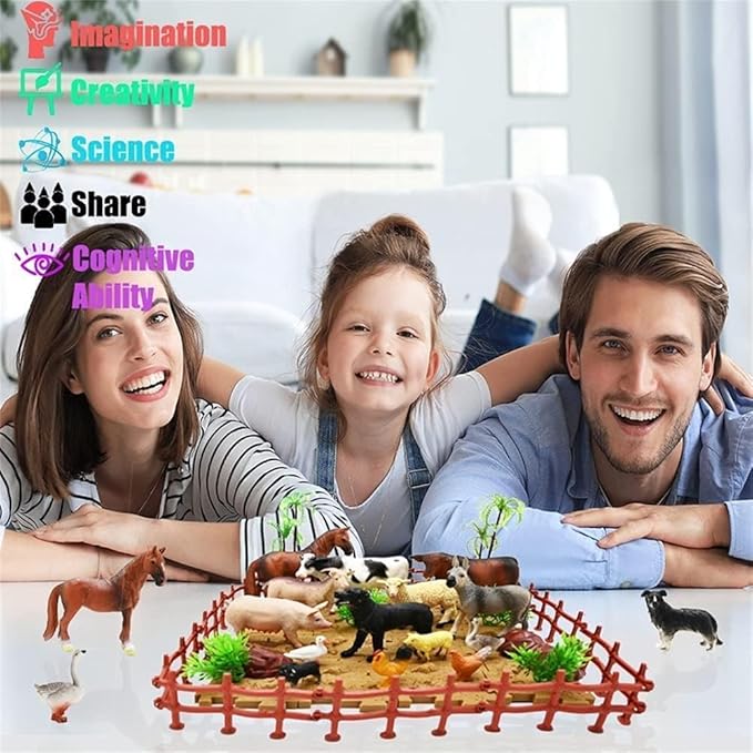 BOLZRA Farm Animal Figurines, Realistic Plastic Animals Toys with Fences Building Blocks, Farm Figures Playset Educational Christmas Birthday Gift for Kids & Toddlers, 53 PCS