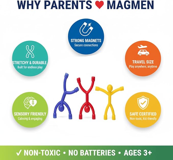 MAGMEN Classic Magnetic Fidget Toy Figures for Kids 3-8, Toddlers & Boys Girls | 10-Piece Solid Set for Travel, Road Trip, Desk & Stocking Stuffer Gifts.
