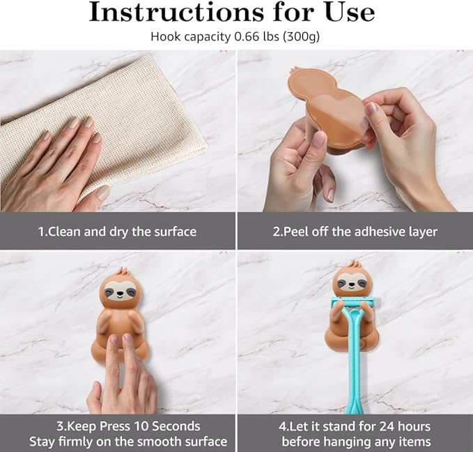 Cute Sloth Waterproof Self-Adhesive Shower Hook Set, Funny Sloth Razor Holder Bathroom Accessories for Men Women Sloth Lover, Sloth Lover Gifts for Women Men, Sloth Bathroom Decor
