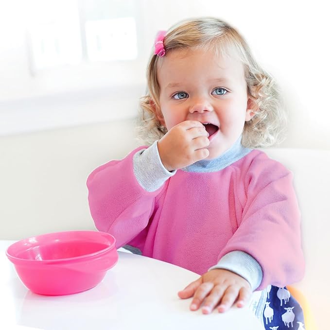 Kiddologic Bibit-all Baby Feeding Bib, Long Sleeves with Ribbed Cuffs and High Collar, Stretchy Pullover Smock, Soft Absorbent Terry, Waterproof Lining, Toddler Girl 12-36 Months, Wild Orchid (Pink)