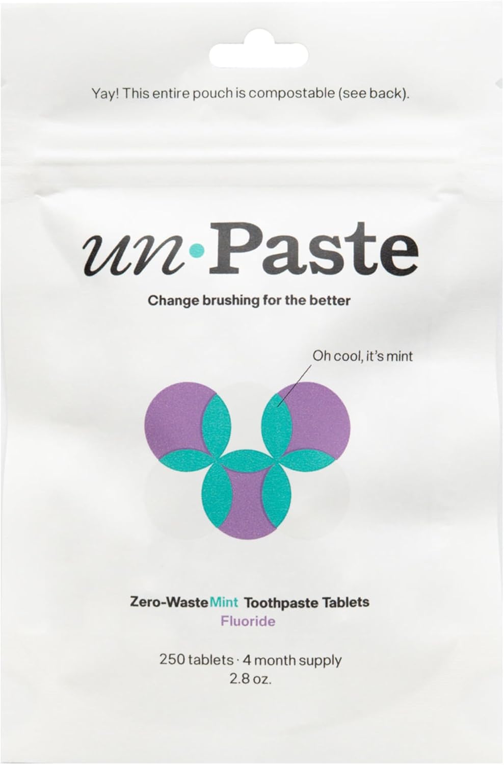 Unpaste Toothpaste Tablets, New Formula, Fluoride Mint, Xylitol Free, Vegan, Plastic Free, Travel-Friendly, Resealable Packet, 250ct, 4 Month Supply