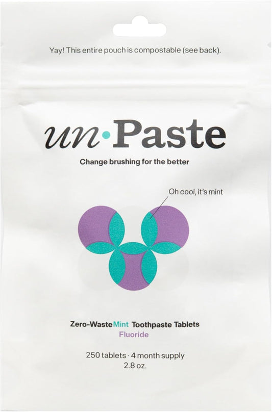 Unpaste Toothpaste Tablets, New Formula, Fluoride Mint, Xylitol Free, Vegan, Plastic Free, Travel-Friendly, Resealable Packet, 250ct, 4 Month Supply